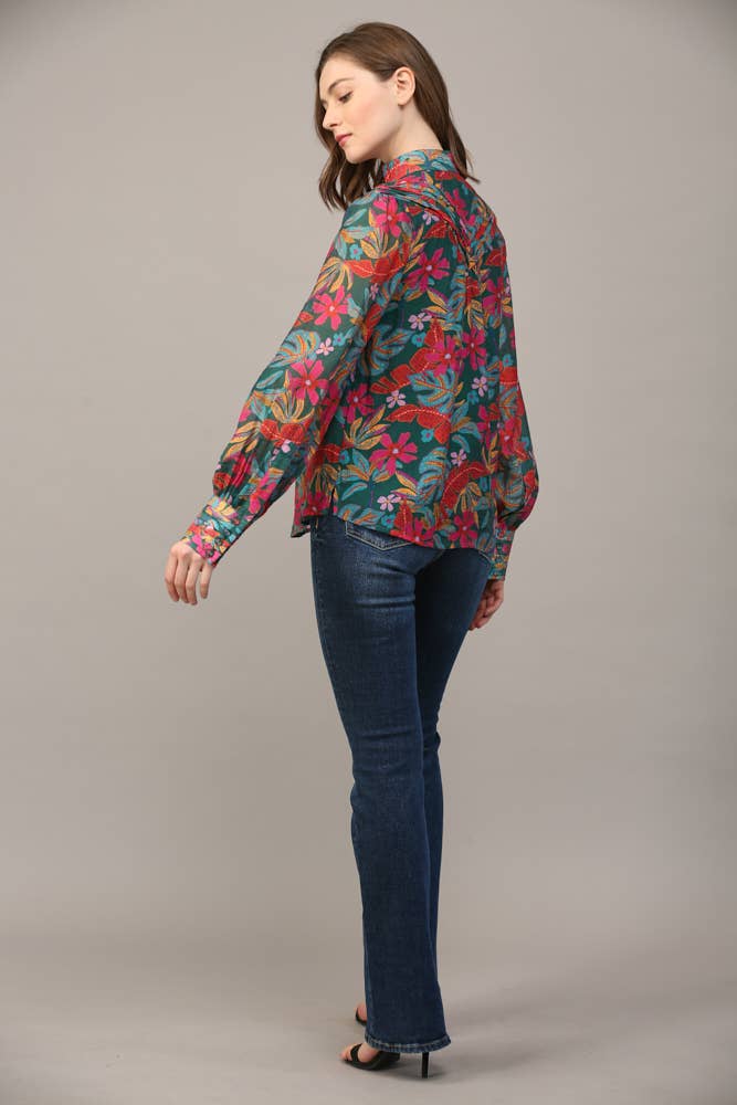 INSIST Floral Tucked Yoke StandCollar Top