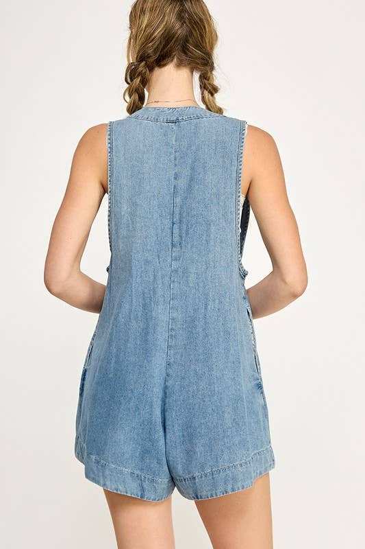 PRINCIPLE Pintuck Pleats Denim Romper