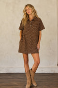 Polka Dot Denim Shirt Dress: BROWN / S