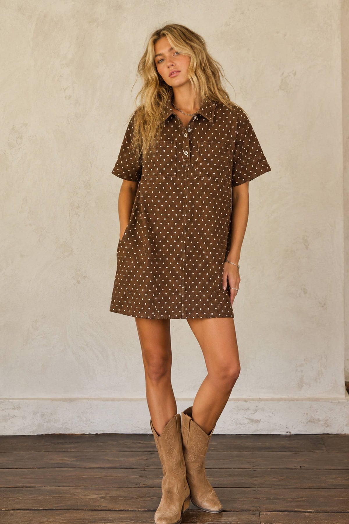 Polka Dot Denim Shirt Dress: BROWN / L