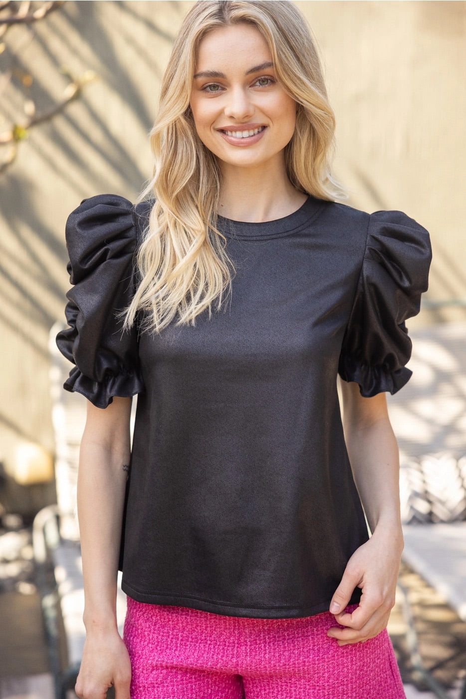 EXERT VeganLeather Ruched Sleeve Top