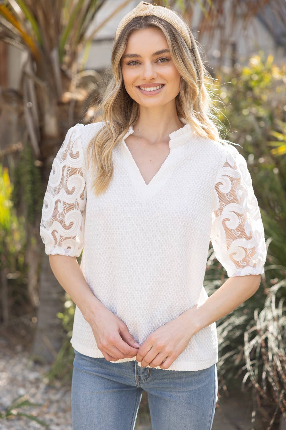 BATCH PaisleyMesh ShortPuffSleeve Waffle Knit Top