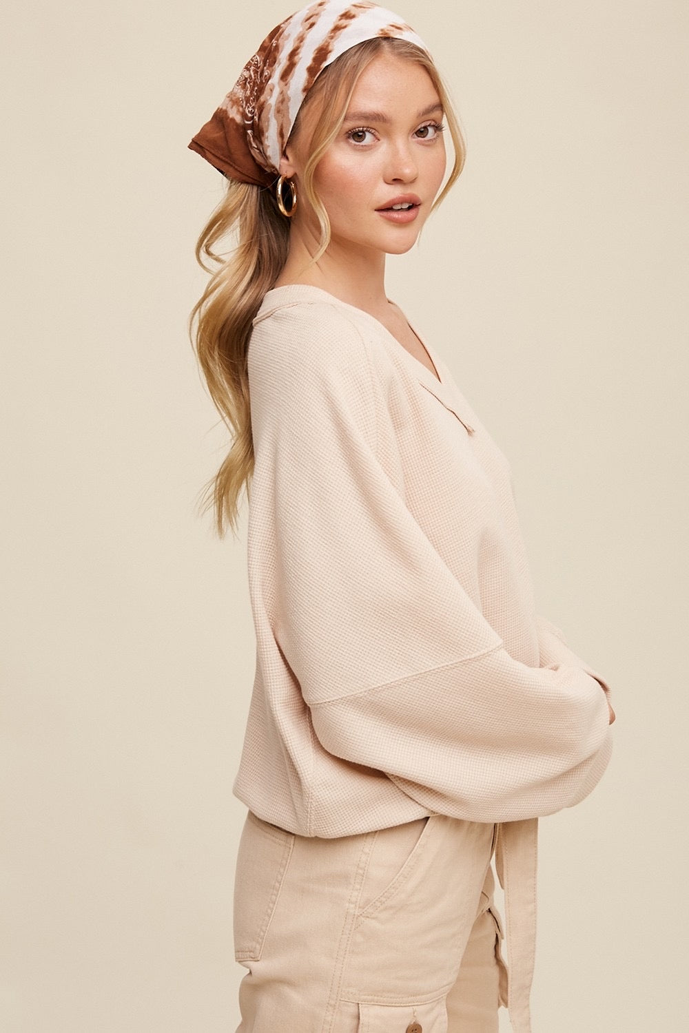 INSPO WaffleKnit V-Neck CinchWaist Top