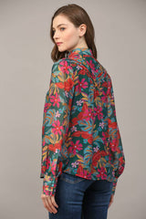 INSIST Floral Tucked Yoke StandCollar Top