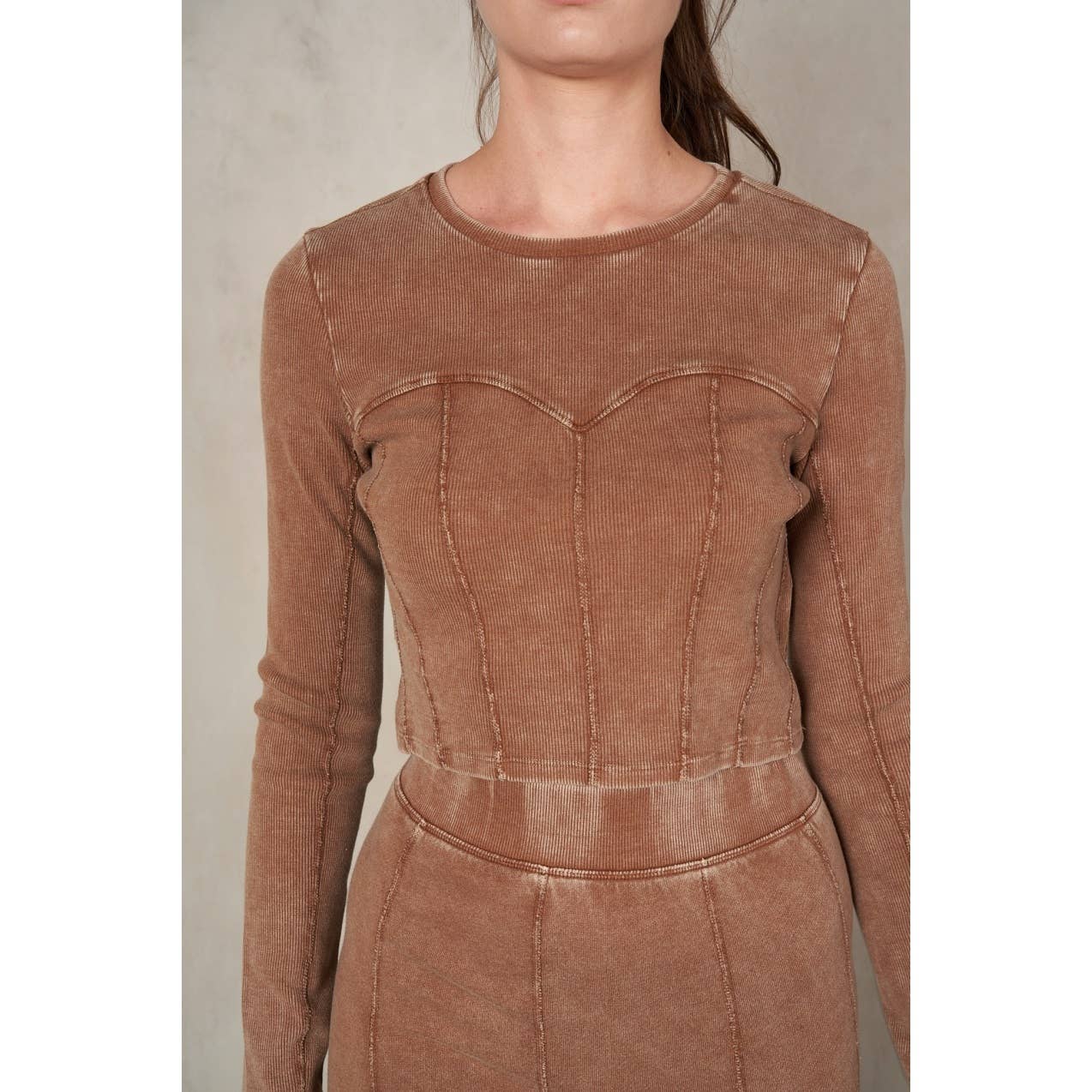 CRAZED Mineral Wash RibKnit LongSleeve Corset Top