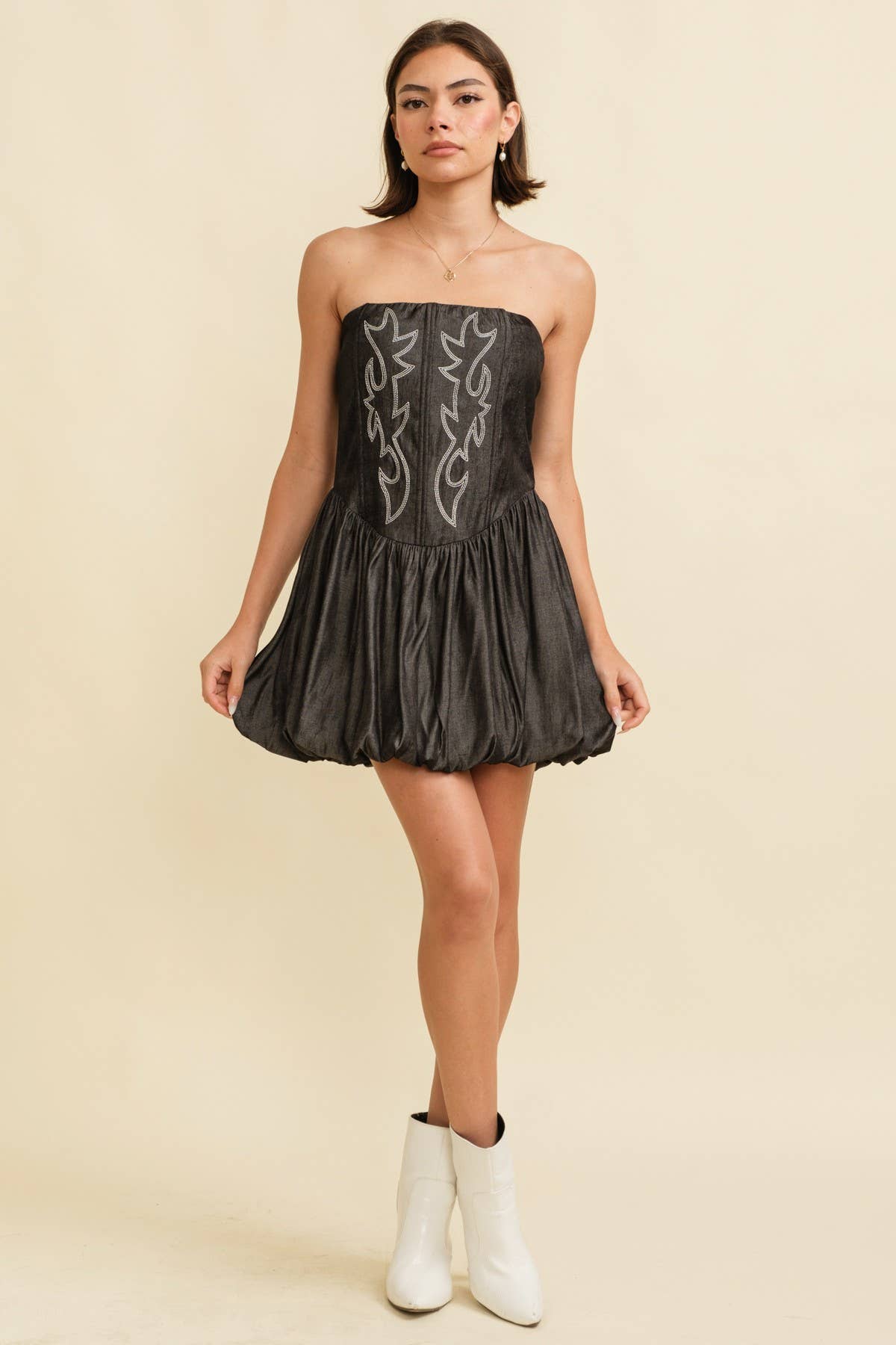 CASS Embroidered Bust BubbleHem Denim Dress