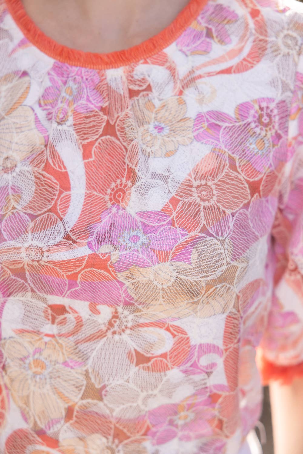 SURROUND Floral Embroidery Print FringeTrim Lace Top