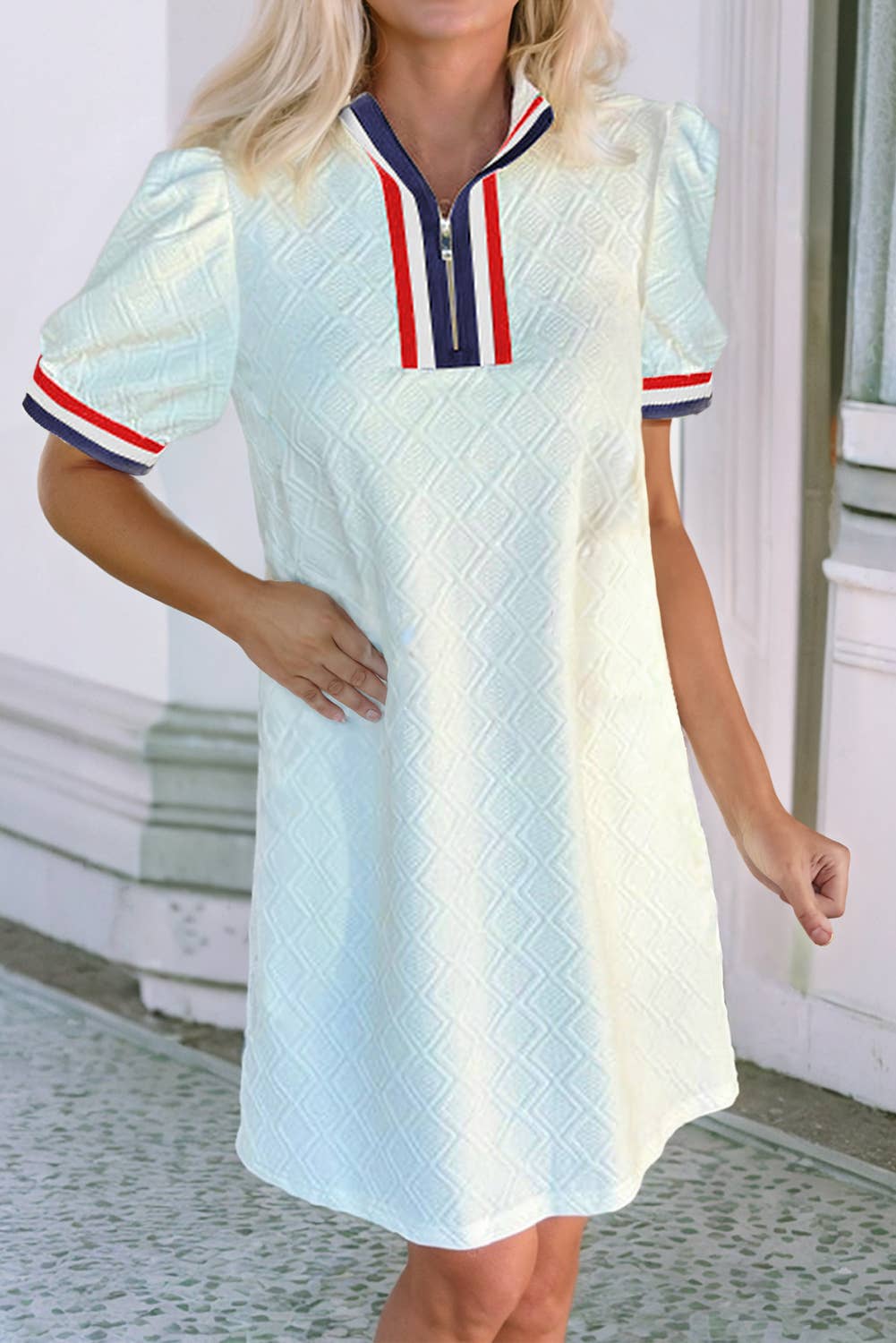 FINE DAY Jacquard Texture StripePlacket Short Sleeve Dress