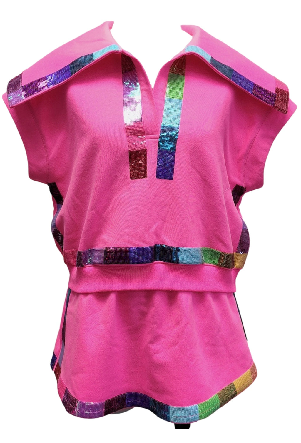 QUEEN OF SPARKLES Sequin RAINBOW Trim Collar Top