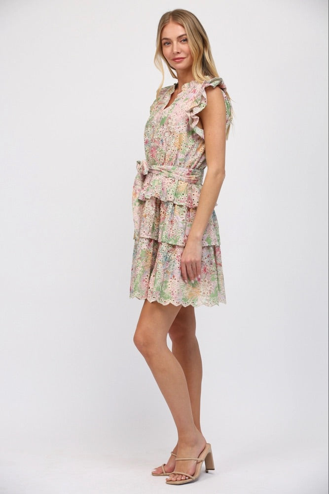 PEGASUS Floral Eyelet Lace Tiered TieWaist Dress
