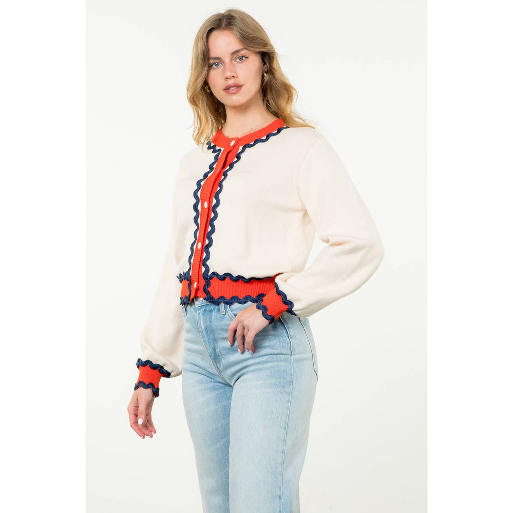 SHAI Ricrac Trim ButtonUp Knit Cardigan Top