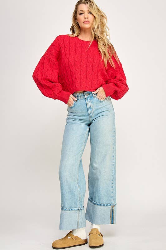 FIRST DIBS CableKnit WaistCrop CrewNeck Sweater Top