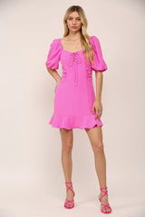 MONROE BubbleSleeve SquareNeck RuffleHem Dress