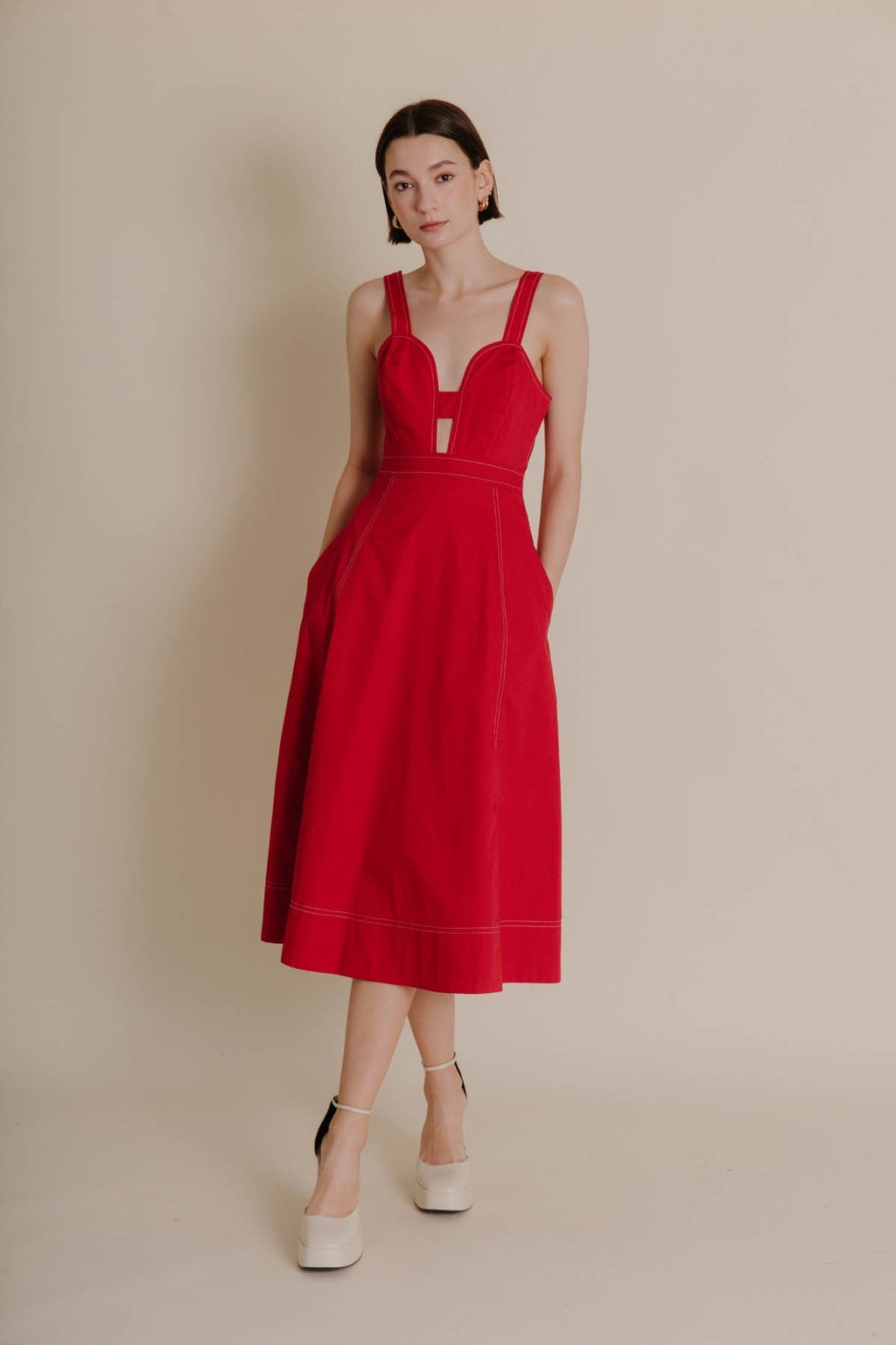AUREUM Contrast Stitch RIVAL Plunge Midi Dress