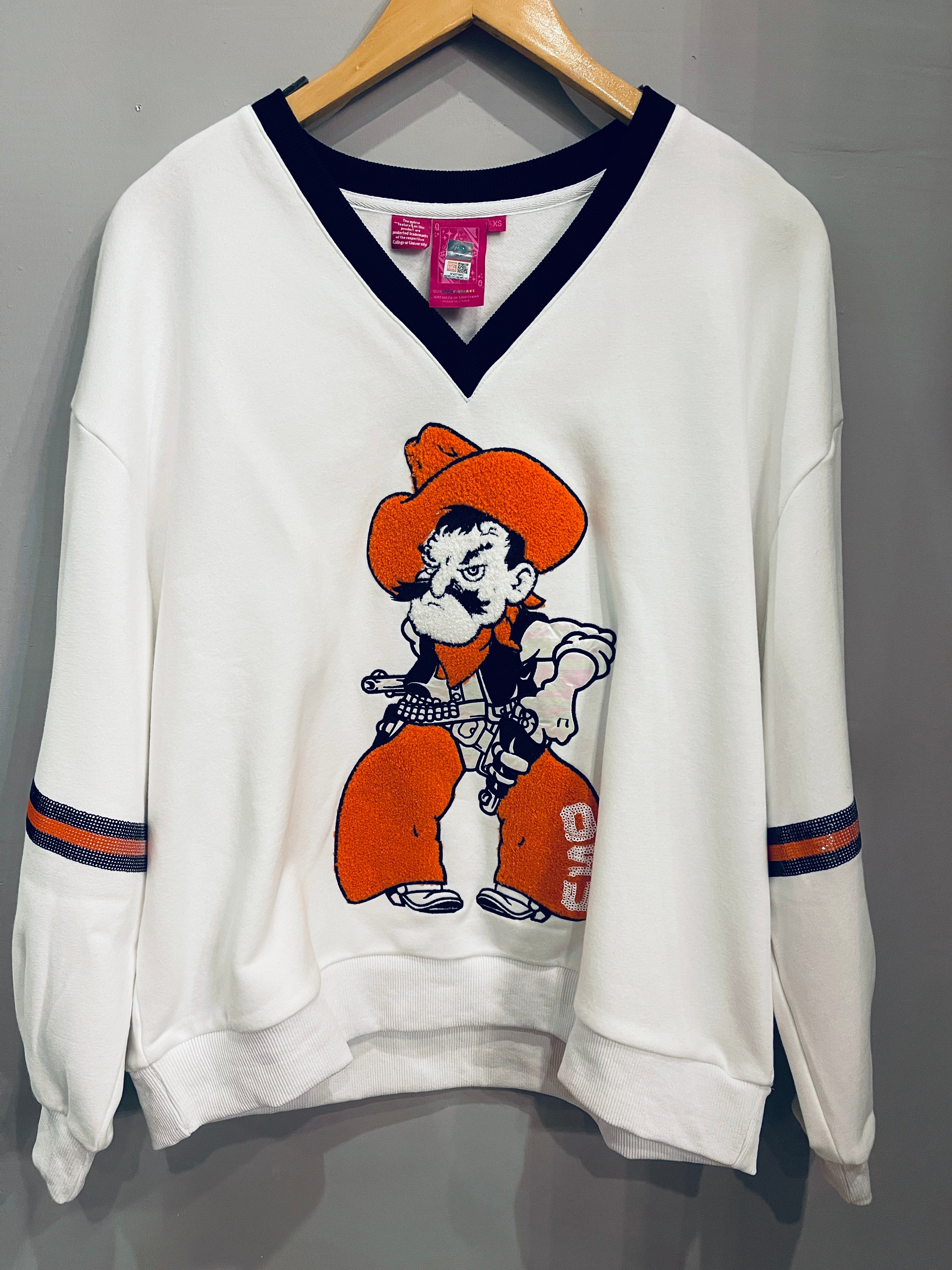 QUEEN OF SPARKLES Oklahoma State University PISTOL PETE Sequin Jersey Sweatshirt OSU