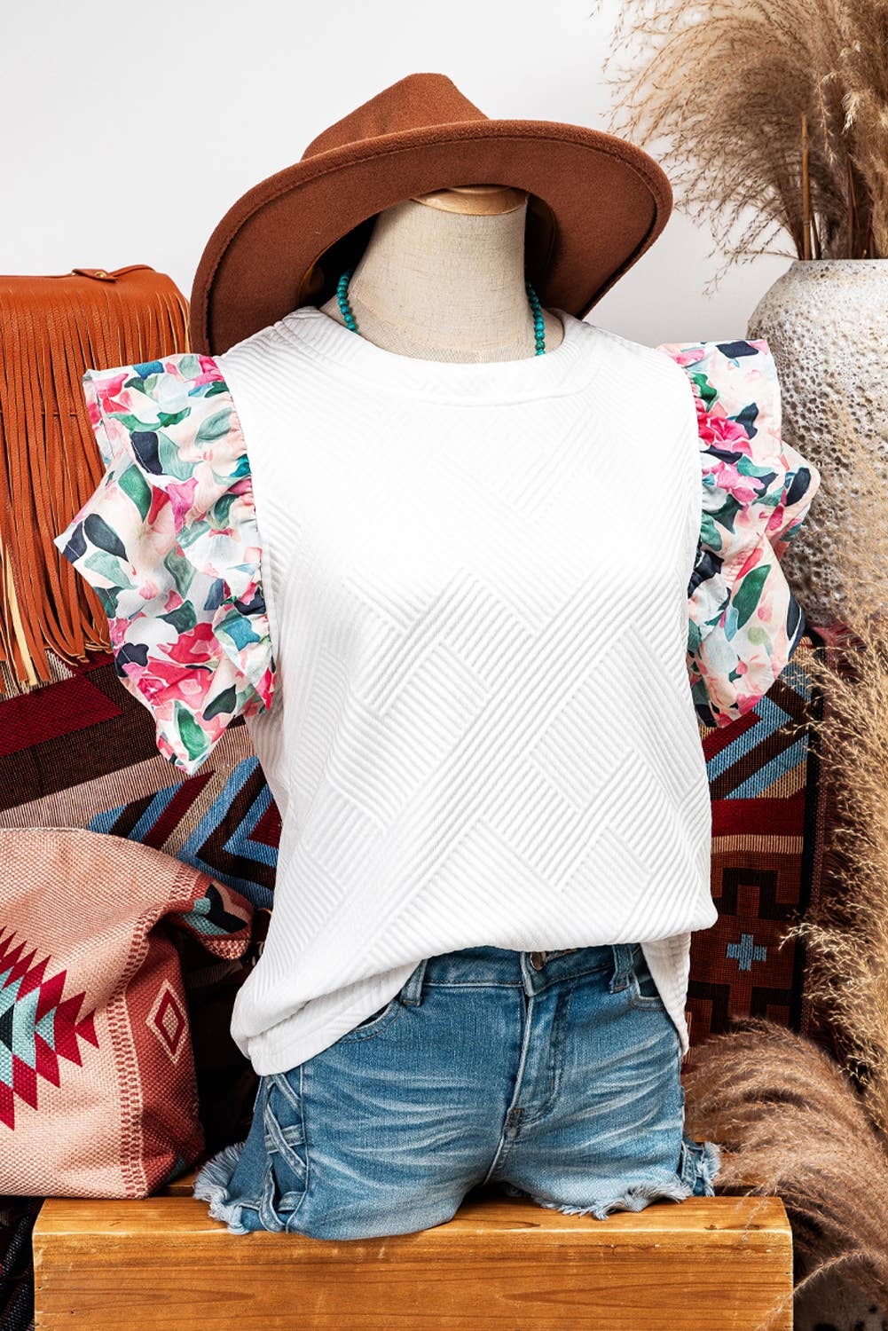 KEEPSAKE Floral Tiered RuffledSleeve Textured Knit Top