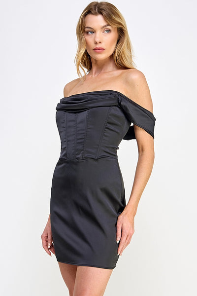 HARPER Corset DropShoulder Satin Bodycon Dress – Silver Accents