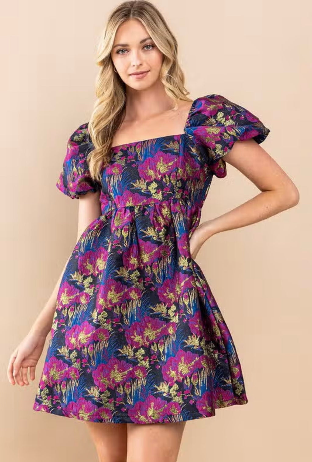 PRESSED Jacquard Floral Puff Sleeve Dress