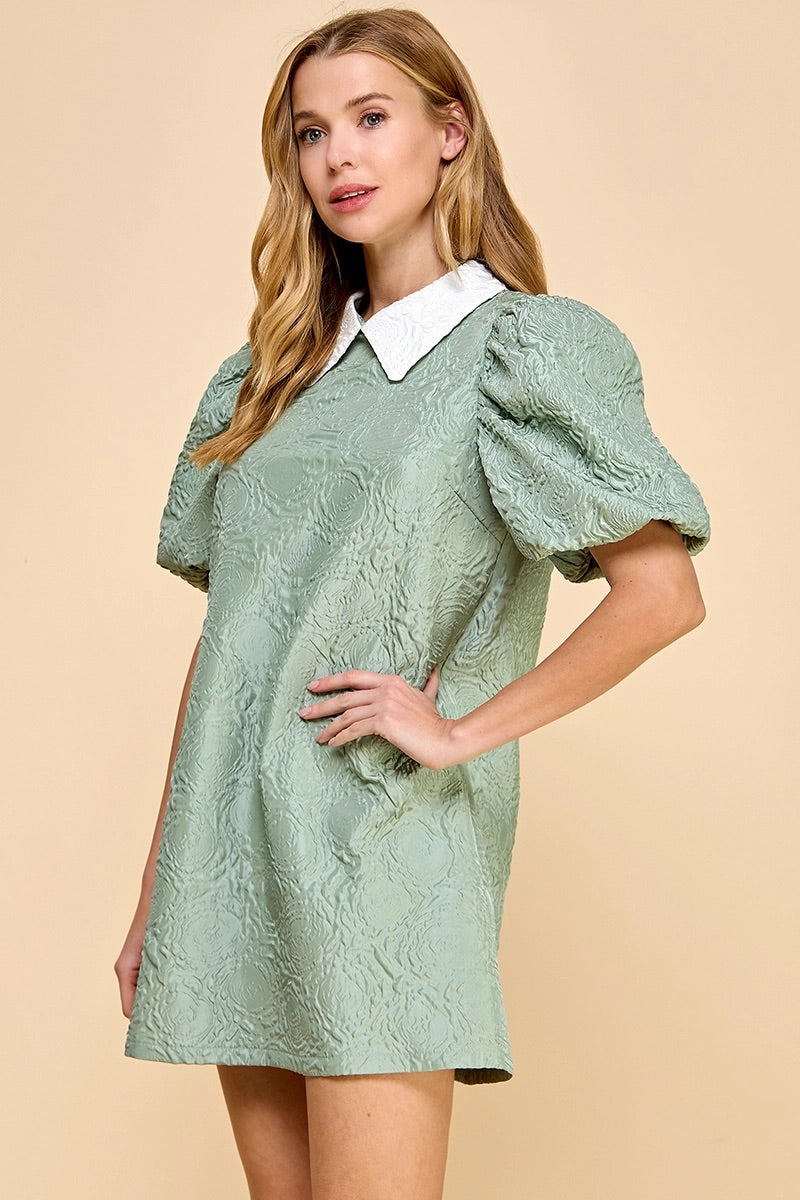 STRIDE Jaquard PuffSleeve Collared Dress
