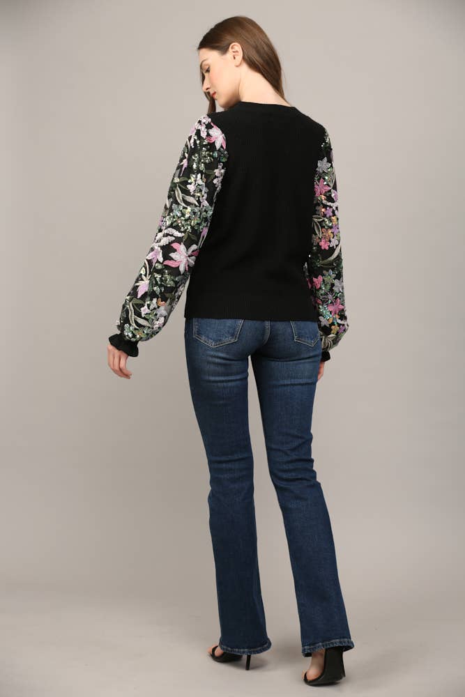 COLLINS Contrast SequinSleeve CrewNeck Sweater Top Jo Jo