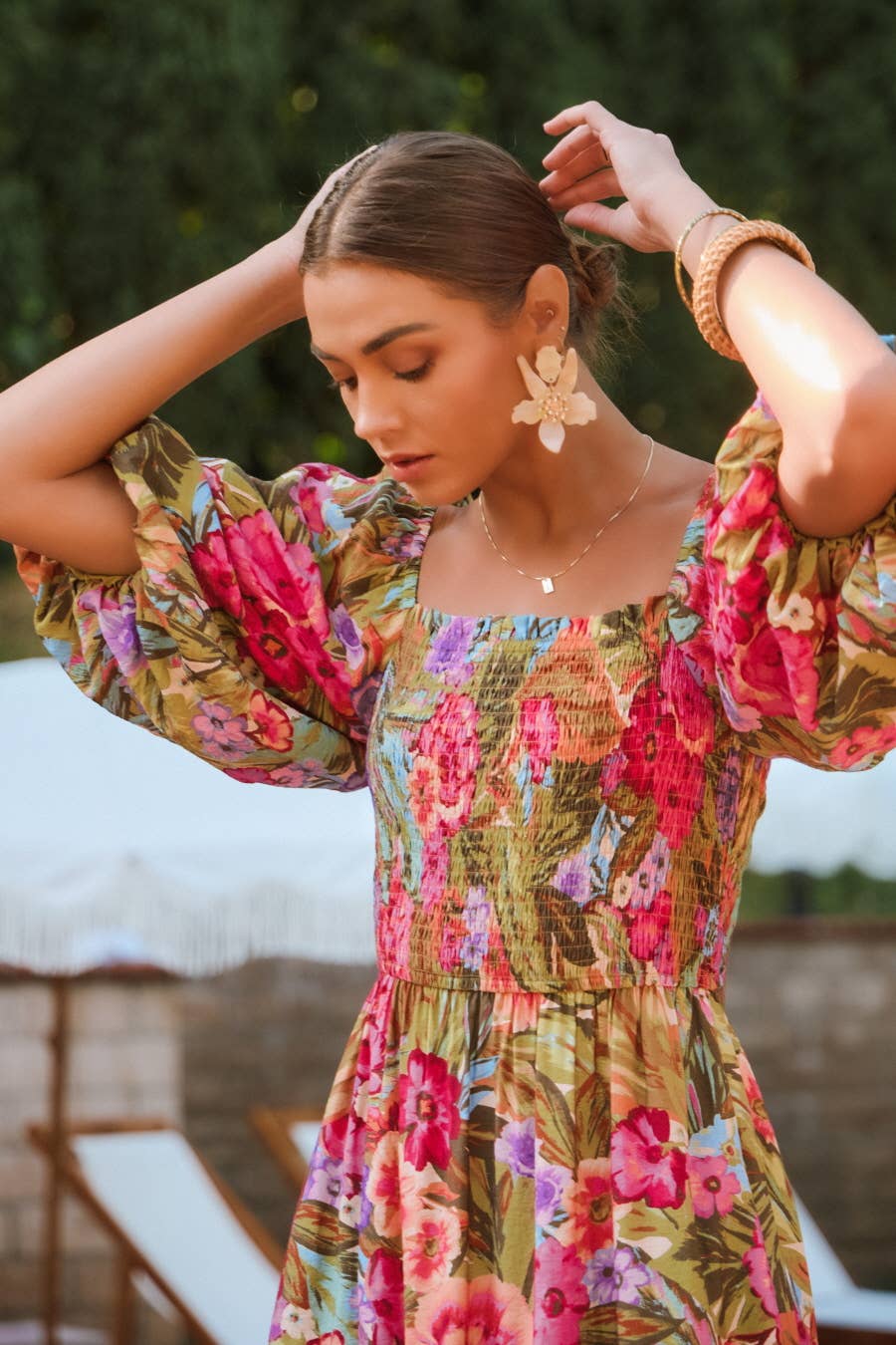 SCOPE Floral BubbleSleeve Smocked Maxi Dress