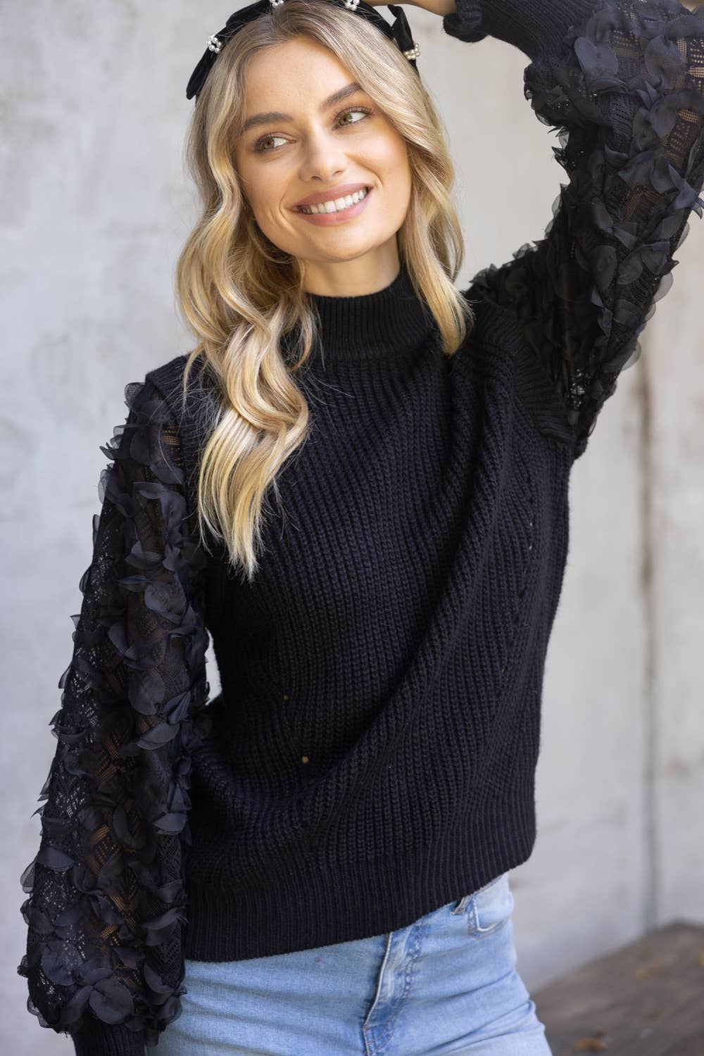 MONACO FloralTulleSleeve MockNeck Sweater Top