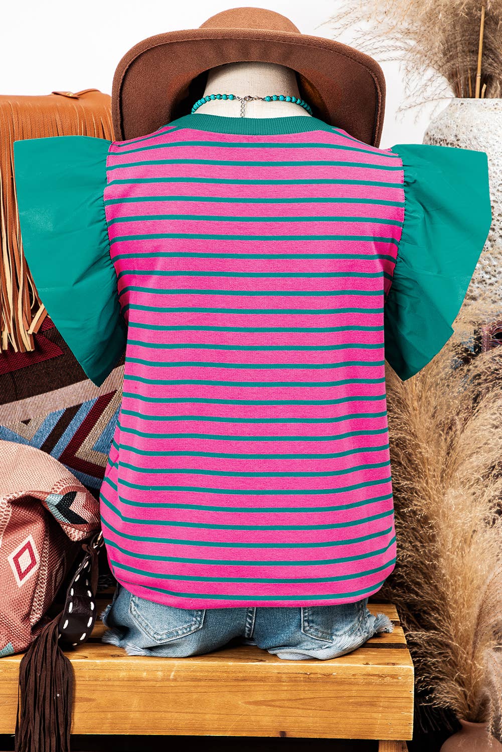 CROSSWINDS Stripe Colorblock RuffleSleeve CrewNeck Top