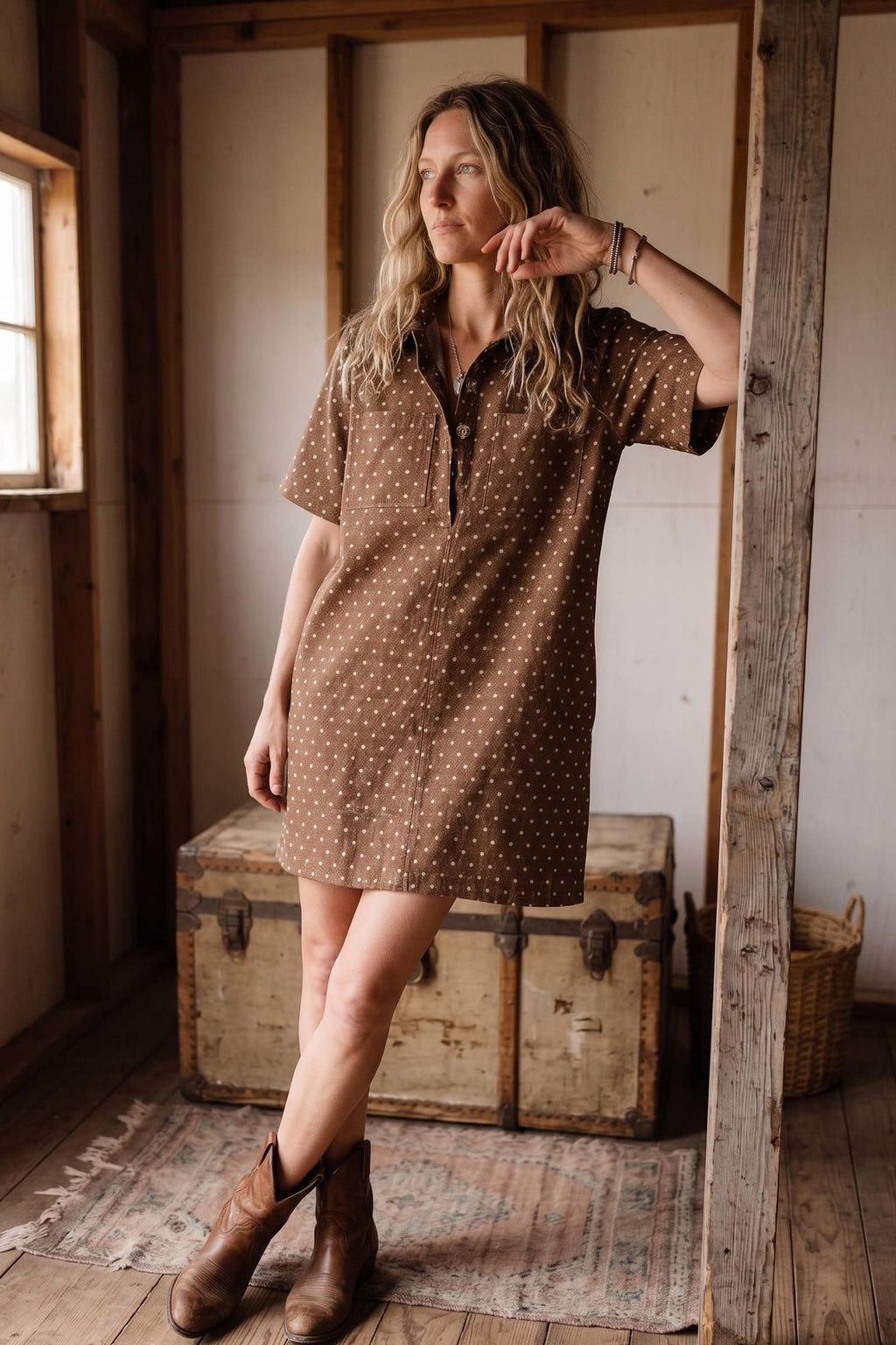 Polka Dot Denim Shirt Dress: BROWN / S