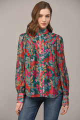 INSIST Floral Tucked Yoke StandCollar Top