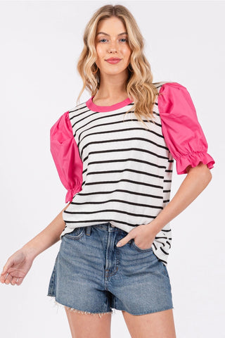 GUYER Contrast StripeKnit PoplinPuffSleeve Top