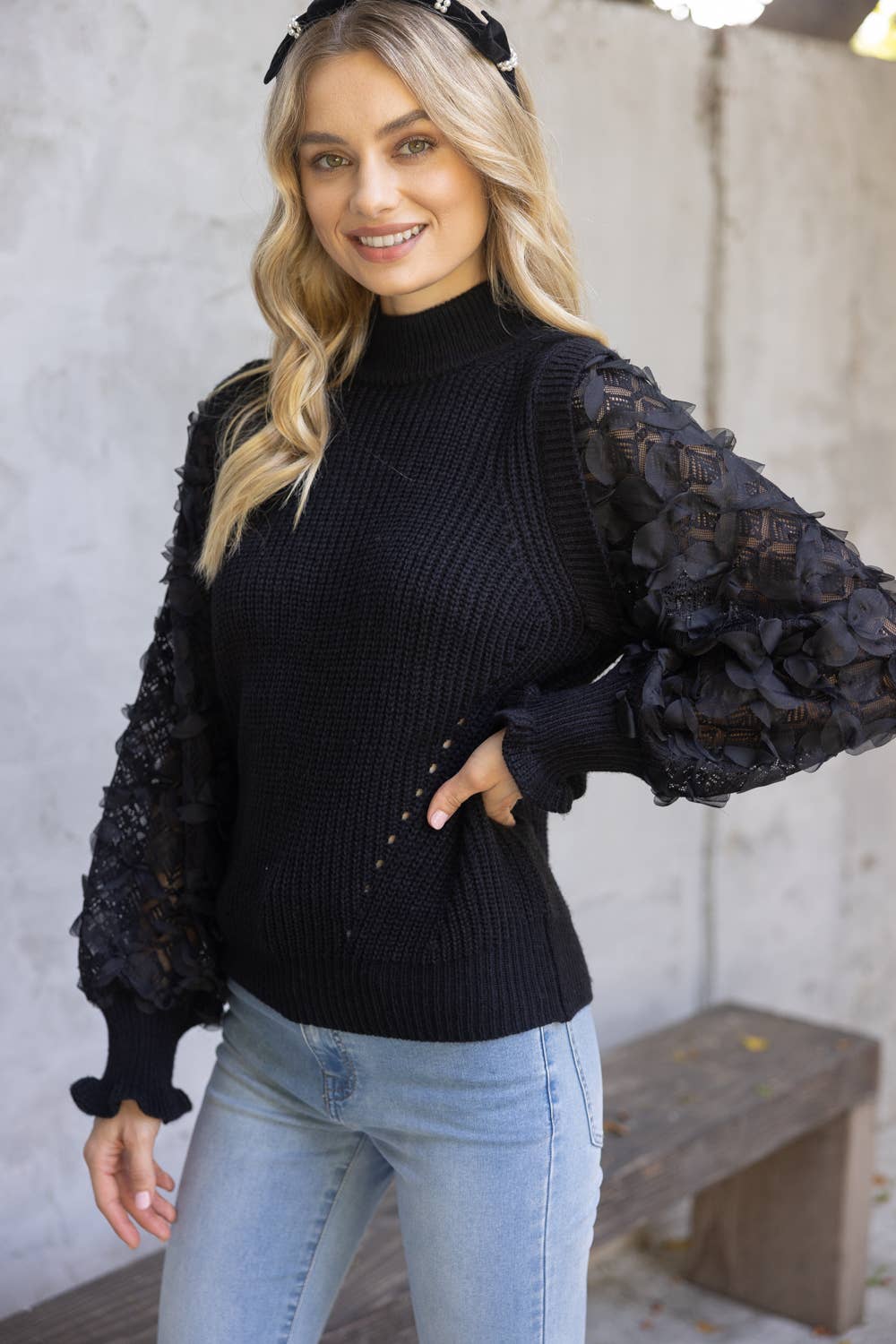 MONACO FloralTulleSleeve MockNeck Sweater Top