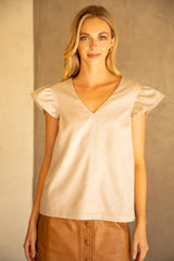 32292 V neck Ruffle Sleeve PU Top: Beige / L