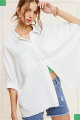 SHEEN Button Down Soft Washed Gauze Short Sleeve Top