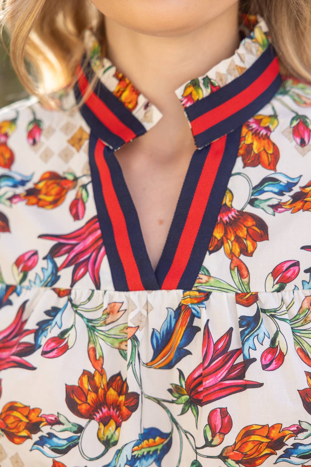 PRIDE Floral StripePlacket Woven Print Top