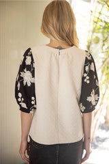 GENUINE Floral Embroidered Contrast PuffSleeve Top