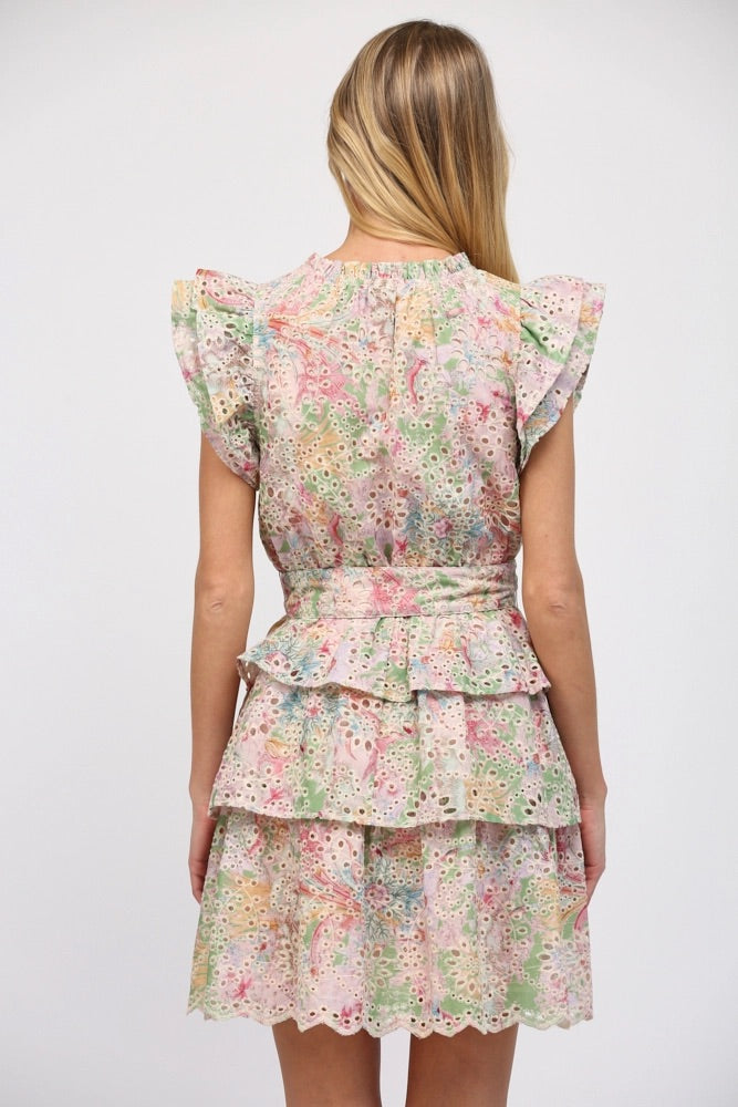 PEGASUS Floral Eyelet Lace Tiered TieWaist Dress