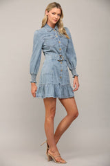 MERITT Belted Washed Denim LongSleeve Dress