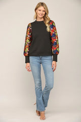 EXPIRE Quilted Contrast Floral Sleeve Top