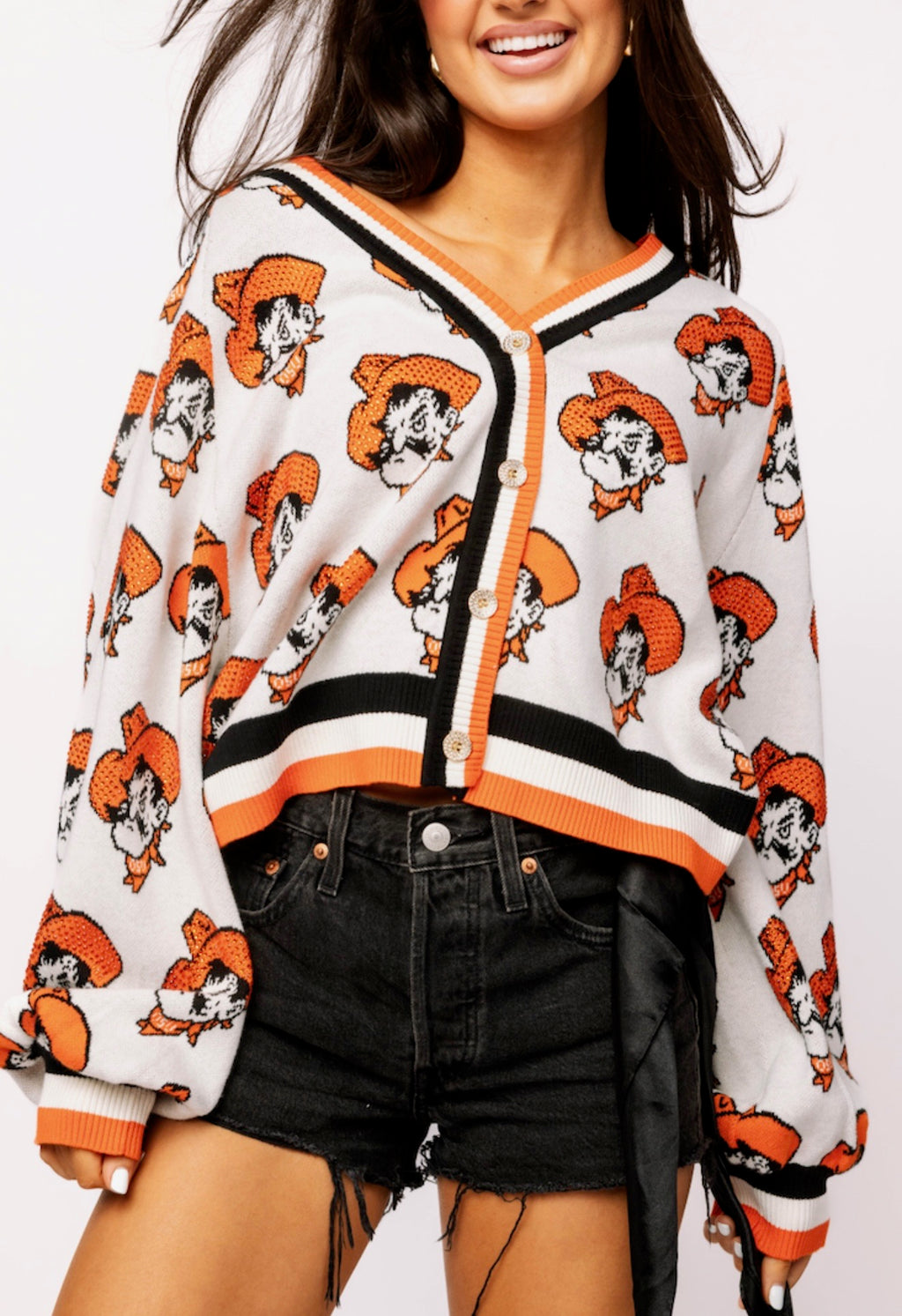 QUEEN OF SPARKLES Licensed Knit OK STATE MASCOT Rhinestone Cardigan