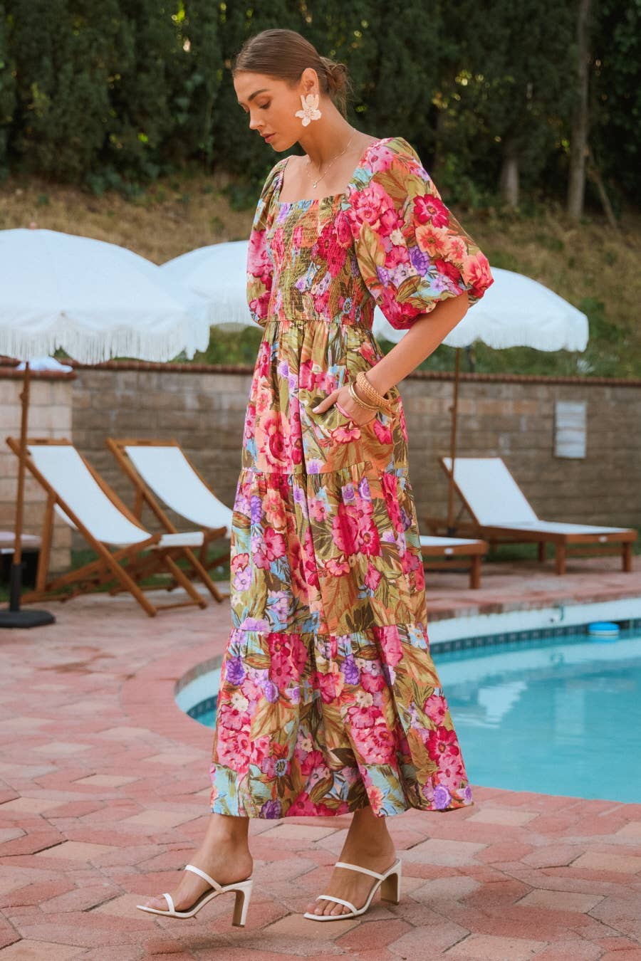 SCOPE Floral BubbleSleeve Smocked Maxi Dress