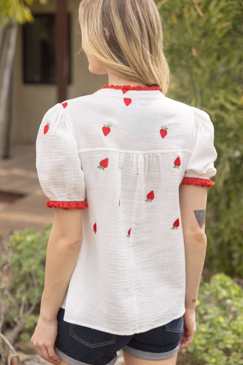 NORA Strawberry Embroidery Gauze Top