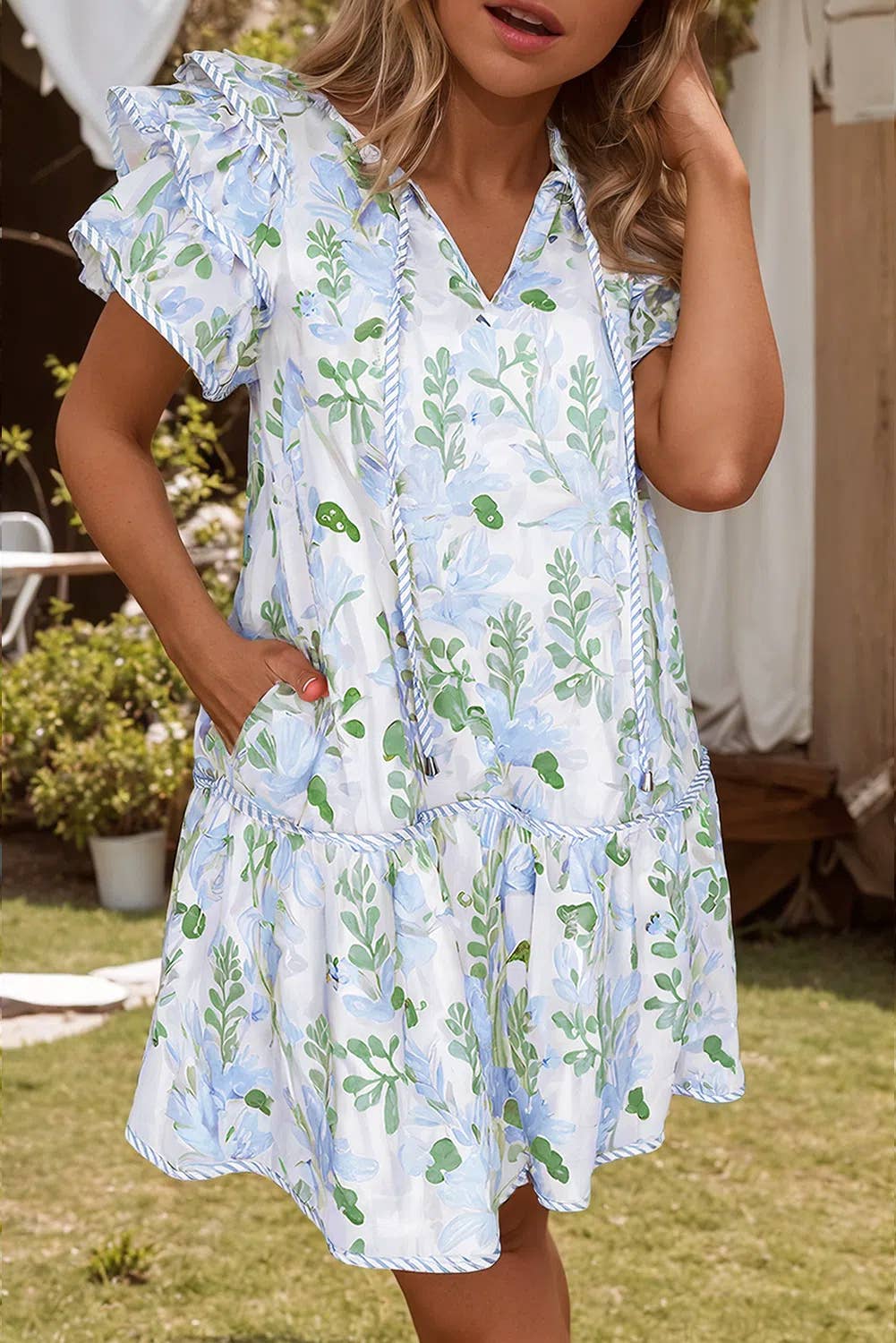 CAROUSEL Floral StripeTrim LayeredSleeve RuffleHem Dress