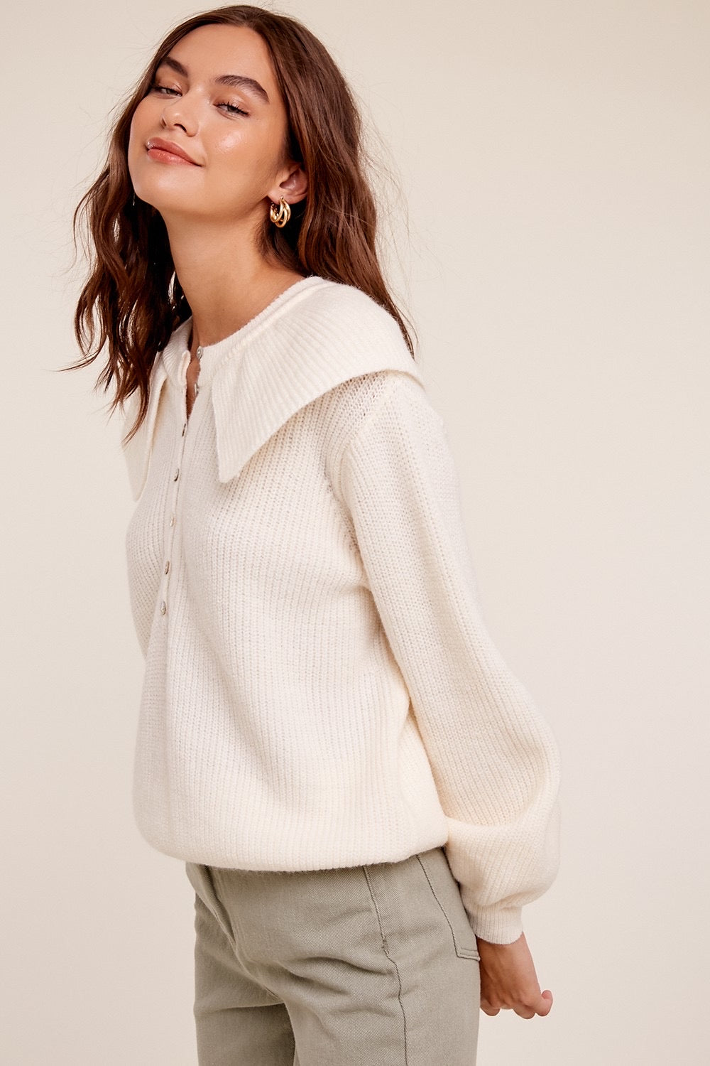 *MILLY FlapNeck ButtonDetail Sweater Top
