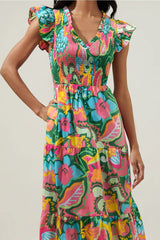 TROPICAL SUNFIRE Floral Smocked Bodice Tiered Midi Dress