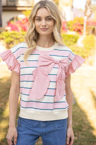 HIGHLINE Striped BowFront Ruffle Sleeve Knit Top