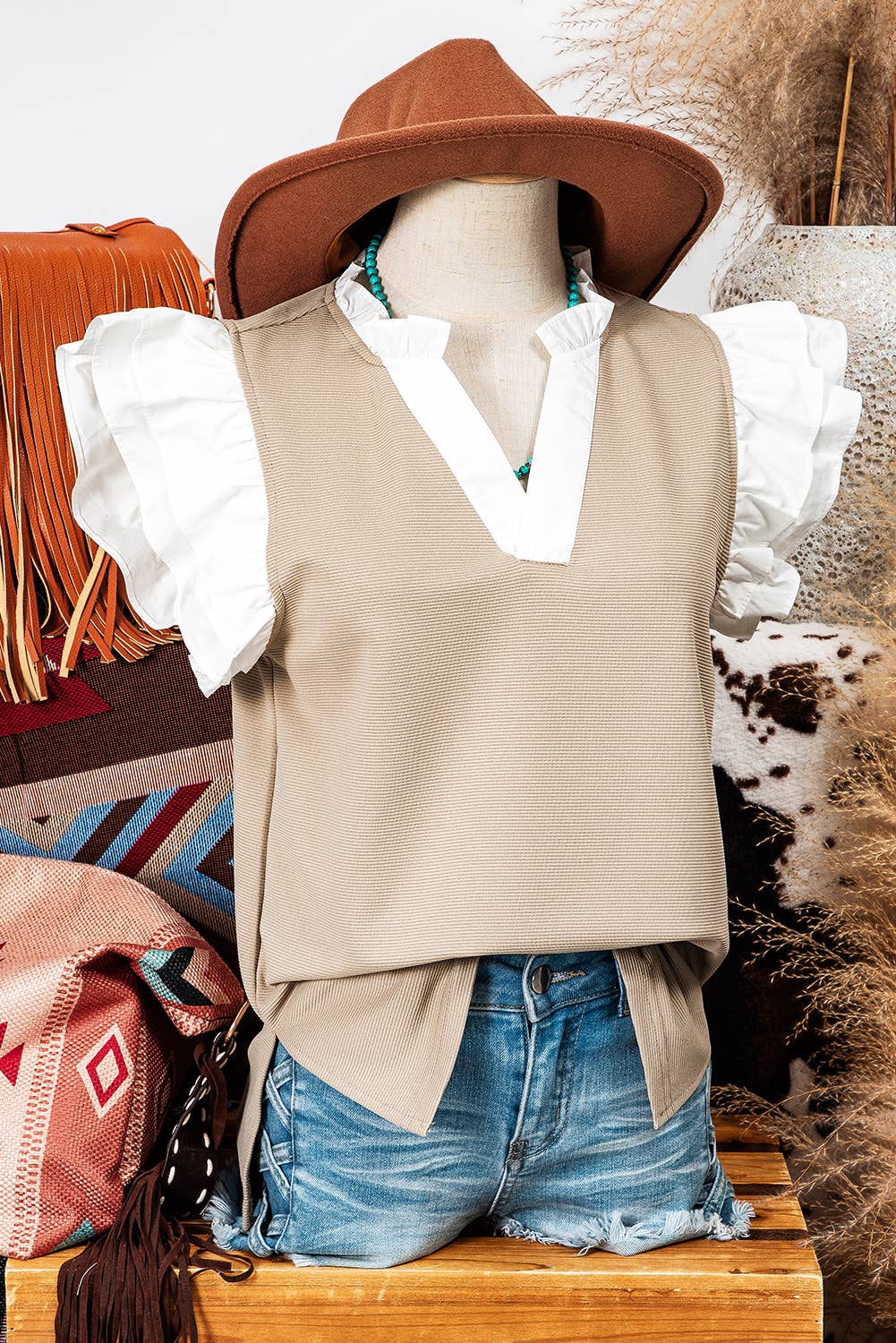 RECLINE Contrast V-Neck Ruffled Twofer Knit Top