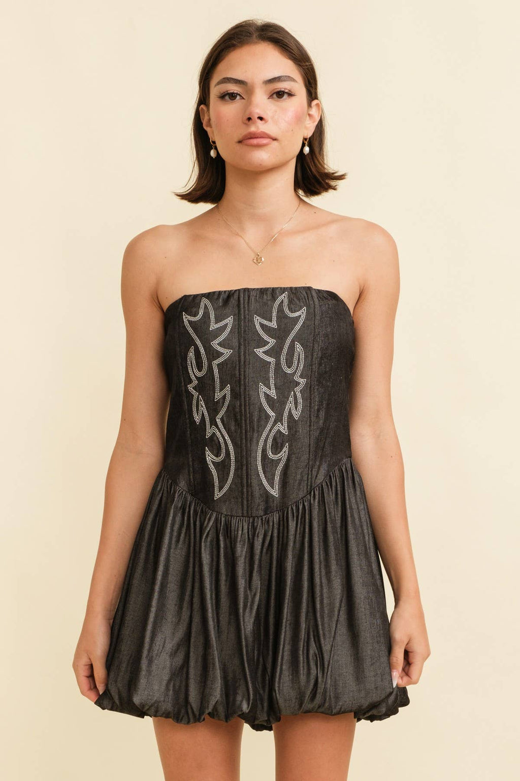 CASS Embroidered Bust BubbleHem Denim Dress