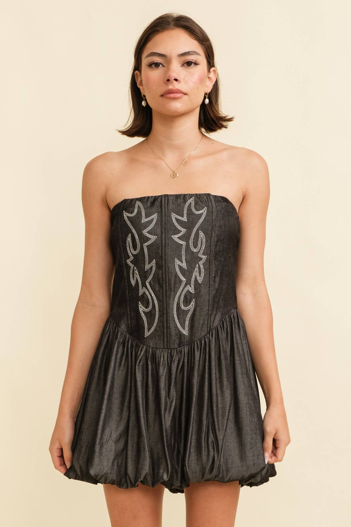 CASS Embroidered Bust BubbleHem Denim Dress