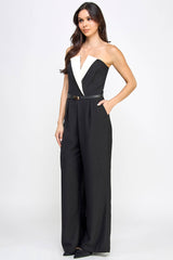 ALYSSA  Belted Strapless SplitBust ColorBlock Jumpsuit