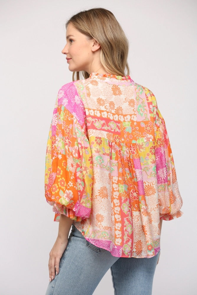 BISCAYNE Patchwork Print Floral ButtonDown Top